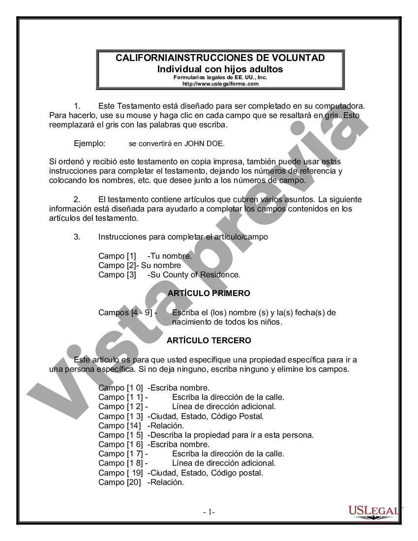 Preview Formulario Legal de Última Voluntad y Testamento para Persona Soltera con Hijos Adultos