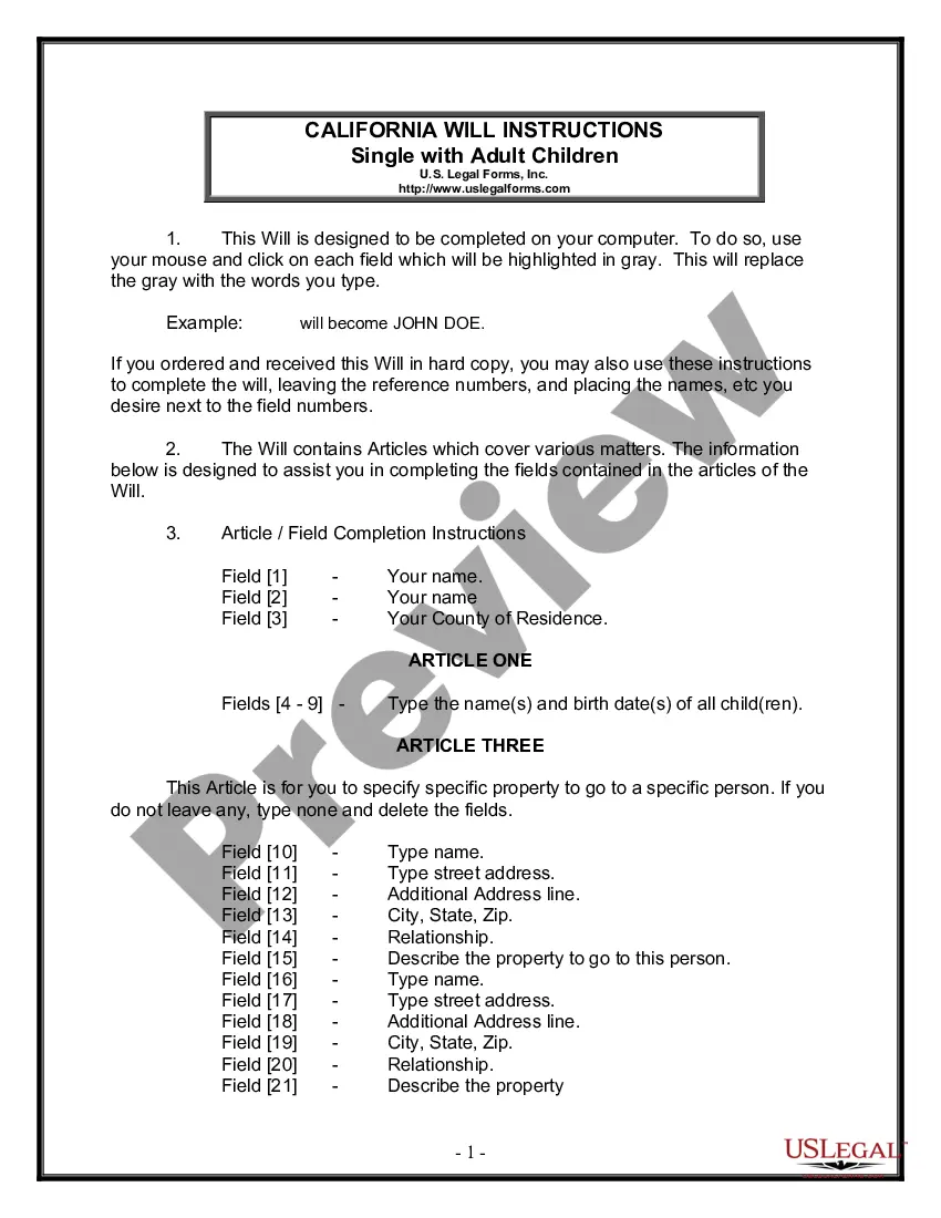 Preview Last Will and Testament for Single Person with Adult Children
